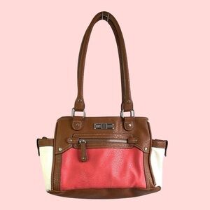 George Faux Leather East West Logan Satchel Coral and Brown Double Handle